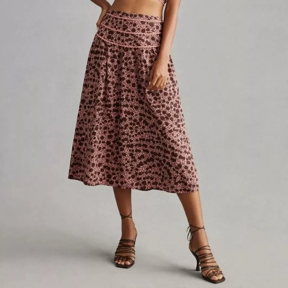 Anthropologie Printed Midi Skirt Flared High Waisted Brown Pull-on XS NEW 271252